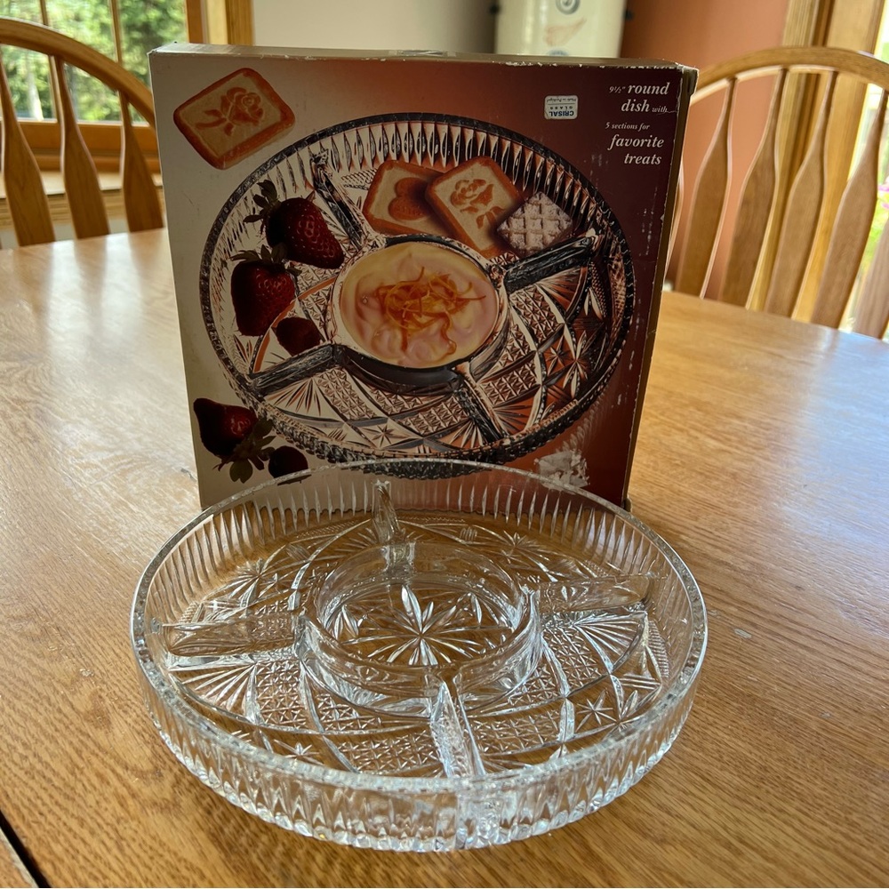 Vintage Laura Glass Works Round Dish, Crystal Glass, w/ 5 Sections For Treats